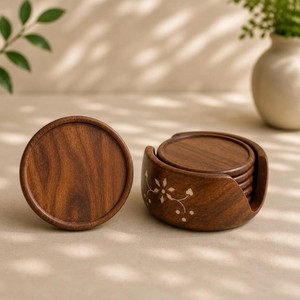 Handcrafted Floral Inlay Wood <b>Coaster</b> <b>Set</b> of 6 with Holder Round Wooden Drink <b>Coasters</b> for Coffee Table Luxury Home Decor Gift - Product Image 2