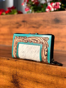 Portefeuille sculpté à la main à motif occidental Pochette portefeuille élégant en cuir véritable en fourrure de vachette Multi utilisations portefeuilles en cuir occidental - Product Image 5