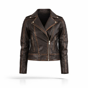 Veste de motard en cuir véritable pour femme, coupe ajustée, style vintage, fermeture éclair, imperméable, coupe-vent, écologique, offre ODM - Product Image 1