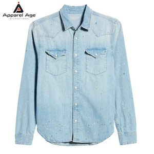 เสื้อเชิ้ตยีนส์ผู้ชายคุณภาพพรีเมียม ทรงหลวม พิมพ์ลาย ผ้าฝ้าย 100% สีตัดกัน วัสดุที่ดีที่สุด เสื้อเชิ้ตผู้ชายขายส่ง - Product Image 1