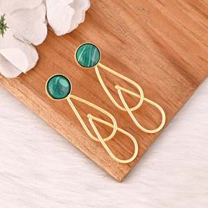 Boucles d'oreilles pendantes en laiton plaqué or avec pierre précieuse naturelle en malachite, bijoux de mode pour femmes - Product Image 3