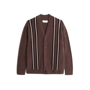 Women's <b>Brown</b> V-Neck Knitted Cardigan Long Sleeve Button Down Striped Sweater - Product Image 6