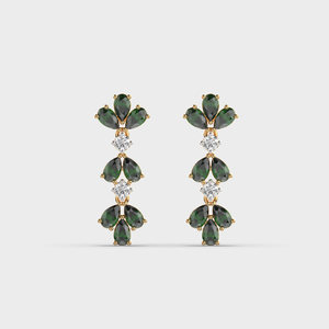 Flower Shape Drop <b>Earrings</b> With Green Gemstones And Round Brilliant Cut <b>Diamonds</b> 18K Gold Plated Women's Luxury Jewelry - Product Image 1