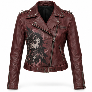 Blouson de motard en cuir véritable bordeaux pour femme, avec imprimé graphique personnalisé corbeau, ourlet ceinturé et clouté, fournisseur de vêtements d'extérieur - Product Image 1
