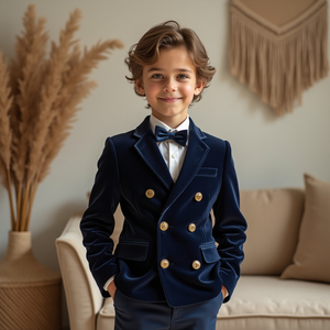 Costume de smoking bleu marine à double boutonnage pour garçons |   Costume de mariage pour enfants |   Ensemble de blazer formel pour porteur d'alliances |   Sur mesure - Product Image 5