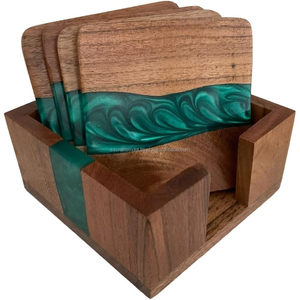 Handmade Modern Acacia <b>Drink</b> Mats Set of 4 Resin and Wood <b>Coasters</b> with Optional Non-Slip Feet for Tabletop Protection - Product Image 1