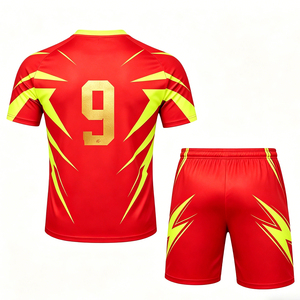 Conjunto de Camiseta de Fútbol Roja para Hombre, Diseño de Rayos Amarillos, Número 9, Pantalones Cortos de Poliéster de Secado Rápido, Cuello Redondo, Manga Corta, para Equipo - Product Image 3