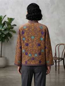 Brown Floral Embroidered Mandarin Collar <b>Blazer</b> Full Sleeve Suzani <b>Velvet</b> Cotton Lining Windproof Thick Women's Winter Jacket - Product Image 3