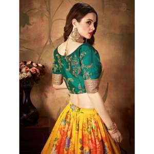 Lehenga Choli de Organza con Estampado Floral Amarillo-Verde, Semi-Cosido, 3000g, Fabricación Manual, Ropa Zeel - Product Image 3