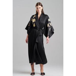 Robe longue décontractée noire en satin pour femme, avec ceinture brodée florale, style lounge spa de luxe, écologique et naturelle - Product Image 1