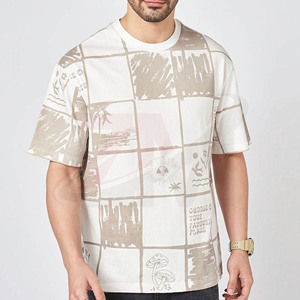 Camiseta Blanca de Lujo, Nueva Colección, con Estampado Cuadriculado Beige, Estilo Urbano Minimalista, Corte Holgado, Manga Corta, Informal para Hombre - Product Image 1