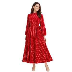 <b>Red</b> Polka Dot Midi Dress Round Neck Long Sleeve A-Line Vintage Belted Casual wholesale <b>Red</b> Full Sleeve Breathable Women's Dress - Product Image 1