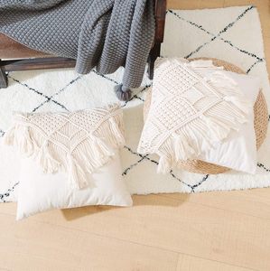 Funda de Almohada de Macramé Hecha a Mano con Flecos, Funda de Cojín Cuadrada Grande de Macramé Tejida a Mano, Funda Decorativa de Algodón Anudada a Mano - Product Image 6