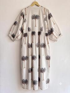 Vestido Midi Boho de Verano para Mujer, Estampado Floral, Hecho a Mano, Ecológico, Lavable, de Algodón, Cuello en V, Manga Corta, Natural - Product Image 4