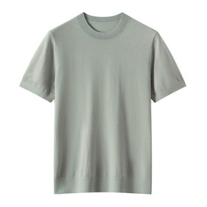 เสื้อยืดคอกลมแขนสั้นสีกรมท่าทรงเข้ารูปสำหรับผู้ชาย ผ้าถัก สีพื้น สไตล์ลำลอง - Product Image 3