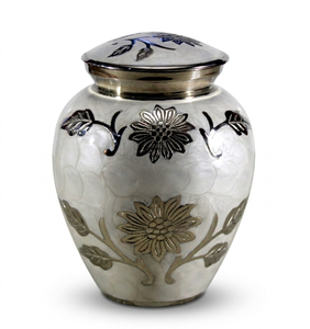 Elegante Urna Funeraria Blanca de Aluminio Mate con Arte Floral Art Deco, Urna de Cremación Hecha a Mano con Girasol Plateado para Cenizas de Adultos, para Mesa - Product Image 1
