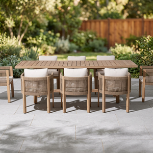 Muebles de Jardín para Patio, OEM/ODM, Juego de Comedor de Ratán, Madera y Aluminio, Sillas y Mesa para 4/6/8 Personas, Cojines de Tela Personalizados - Product Image 1