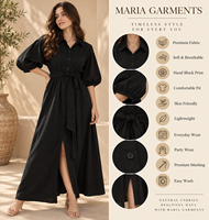 Tenues d'été modernes et chics pour femmes - Robe longue noire à manches bouffantes respirante en 100 % coton avec ceinture, fournisseur en gros