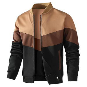 Men's Color Block <b>Zip</b>-<b>Up</b> Bomber <b>Jacket</b> Stand Collar Polyester Casual Varsity Style Slim Fit Lightweight Outerwear for Winter - Product Image 2