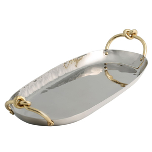 Nouvel arrivage : Plateau de service alimentaire en aluminium finition argentée avec poignée dorée pour la maison et les mariages - Product Image 6