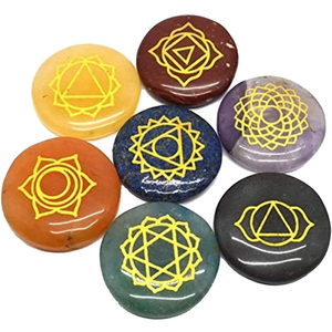 Ensemble de disques gravés 7 chakras en pierres précieuses, personnalisable, boîte en bois étanche, pierres naturelles, vente en gros, cristaux Amayra, décoration intérieure - Product Image 1