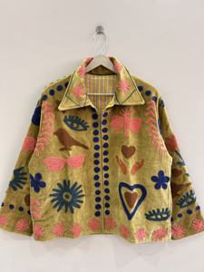 Hand Embroidered Quilted Woven <b>Velvet</b> Breathable Outdoor <b>Jacket</b> Floral Motifs Mandarin Collar Full Sleeve Boxy Style Spring Wear - Product Image 2