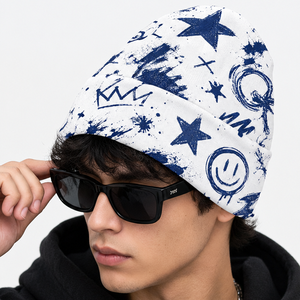 Custom Beanie Cap with Blue Graphic Print Pattern and Folded Cuff <b>Winter</b> Street Wear <b>Hat</b> for <b>Men</b> and Women Outdoor Wear Designs - Product Image 2