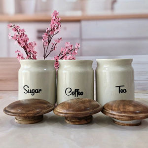Juego de recipientes de cocina estilo vintage con tapa de madera y soporte, organizador decorativo para encimera, contenedor para té, café y azúcar - Product Image 4