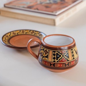 Handmade Terracotta <b>Tea</b> Cup and Saucer <b>Set</b> Vintage Embossed Ceramic Drinkware for Home Office <b>Party</b> - Product Image 2