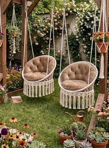 Ensemble de balançoires de jardin en macramé, balançoire de style bohème, chaise suspendue faite à la main avec coussins, décoration de patio extérieur, balançoire de véranda bohème - Product Image 2