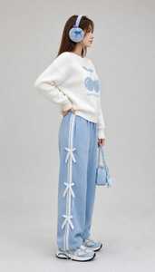 Oneten <b>Women's</b> Light Blue Turtleneck Long Sleeve <b>Top</b> Wide Leg Pants Sporty Loose Fit Autumn Tracksuit Set Zipper Closure - Product Image 2
