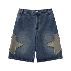 Short en jean droit taille mi-haute déchiré avec poches étoiles et patchwork, style décontracté d'été, 100% coton - Product Image 1