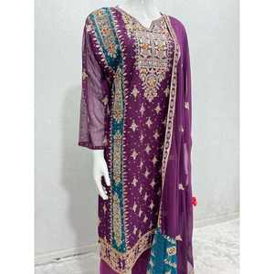 DISEÑADOR GEORGETTE DIAMOND TRABAJO A MANO TOP BOTTOM CON DUPATTA WINE - Product Image 1