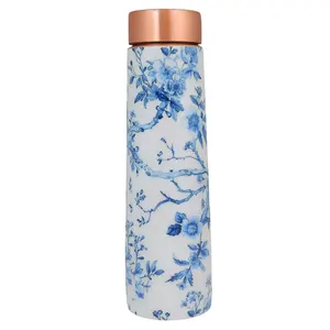 Elegante botella de cobre blanca y azul con diseño floral de pájaros en meenakari, hecha a mano, botella de agua de cobre tradicional india. - Product Image 3