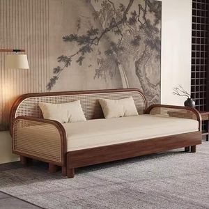 <b>Modern</b> Multifunctional Solid Teak Wood Rattan <b>Sofa</b> <b>Bed</b> with Push-Pull Storage Mechanism for Luxury Living Room Furniture - Product Image 1
