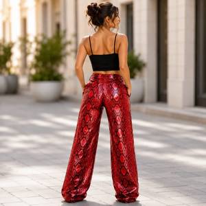 Pantalon en cuir de python gaufré de luxe pour femme, pantalon en cuir de serpent doré taille haute pour femme - Product Image 6