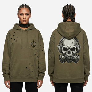 Sudadera con capucha vintage blanca desgastada con cremallera, gráfico personalizado, estampado de calavera, mangas con patchwork, estilo streetwear, fabricantes - Product Image 6