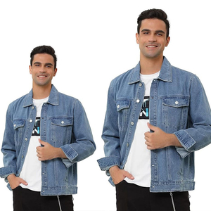 Veste en jean pour homme à col montant, personnalisable, avec boutons sur le devant, style classique délavé, streetwear, en vente - Product Image 2