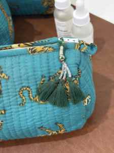 Niharo Women's Wholesale Custom Hand Block Print Cotton <b>Quilted</b> <b>Makeup</b> <b>Bag</b> Set 3 Travel Toiletry Cosmetic Pouch Organizer Teal - Product Image 5
