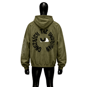 Sweat à capuche vert olive en molleton premium respirant, coupe oversize, décontracté, en coton French Terry, pour l'hiver - Product Image 2
