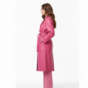 Abrigo Largo de Cuero Rosa con Cinturón, Cuello con Muescas, Manga Larga, Resistente al Viento, Elegante, Ropa de Invierno para Mujer - Product Image 5
