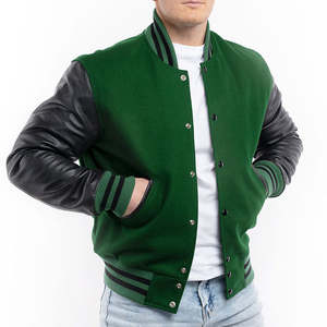 Blouson universitaire à capuche pour homme, vert et noir, tricoté, respirant, imperméable, avec manches contrastantes, col, poignets et ourlet rayés, fermeture éclair sur le devant - Product Image 1