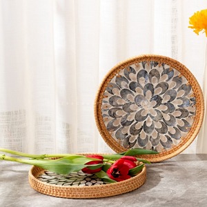Handmade Rattan <b>Round</b> Tray Decorative Mother of Pearl Tray Woven Home Restaurant Decor Food Tray made in Vietnam - Product Image 6