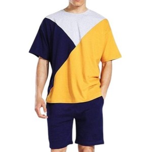 Conjunto de pantalones cortos de dos piezas con bloques de color para hombre, camiseta de manga corta y pantalones cortos en azul marino, amarillo y gris, conjunto de ropa informal de verano - Product Image 1