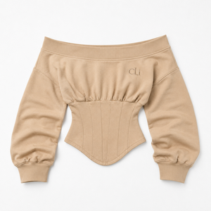 Chemise pour femme à manches longues, style corset, épaules dénudées, beige, avec broderie personnalisée et dos lacé, style streetwear boutique - Product Image 3