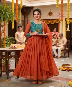 Elegant A-Line Maxi <b>Dress</b> Hand Drawn Pattern Orange <b>Viscose</b> Fabric O-Neck Natural Lace Evening <b>Dress</b> DHANLAXMI DS31 86756 - Product Image 1