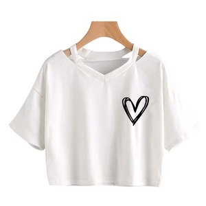 Pink Women's V-Neck Crop <b>Top</b> Short Sleeve 100% Cotton Jersey Cute <b>Heart</b> Print Loose Fit Spring Summer T-Shirt Custom Logo - Product Image 4