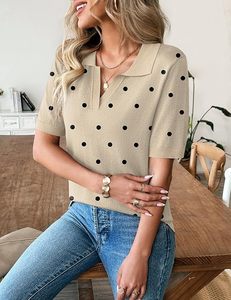Polo de Punto de Manga Corta con Estampado de Lunares Beige para Mujer, Top Informal - Product Image 6
