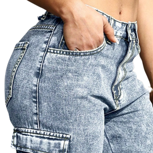 Pantalones Cargo de Mezclilla Lavada Azul Claro para Mujer, de Pierna Ancha, Tiro Medio, Ajuste Regular, Transpirables, de Secado Rápido, Casuales, de Cintura Completa - Product Image 5