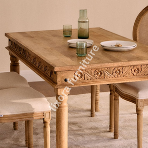 Ensemble de table à manger en bois massif artisanal de luxe pour 4 personnes, avec des sculptures florales ornées, finition naturelle en cannage - Product Image 2